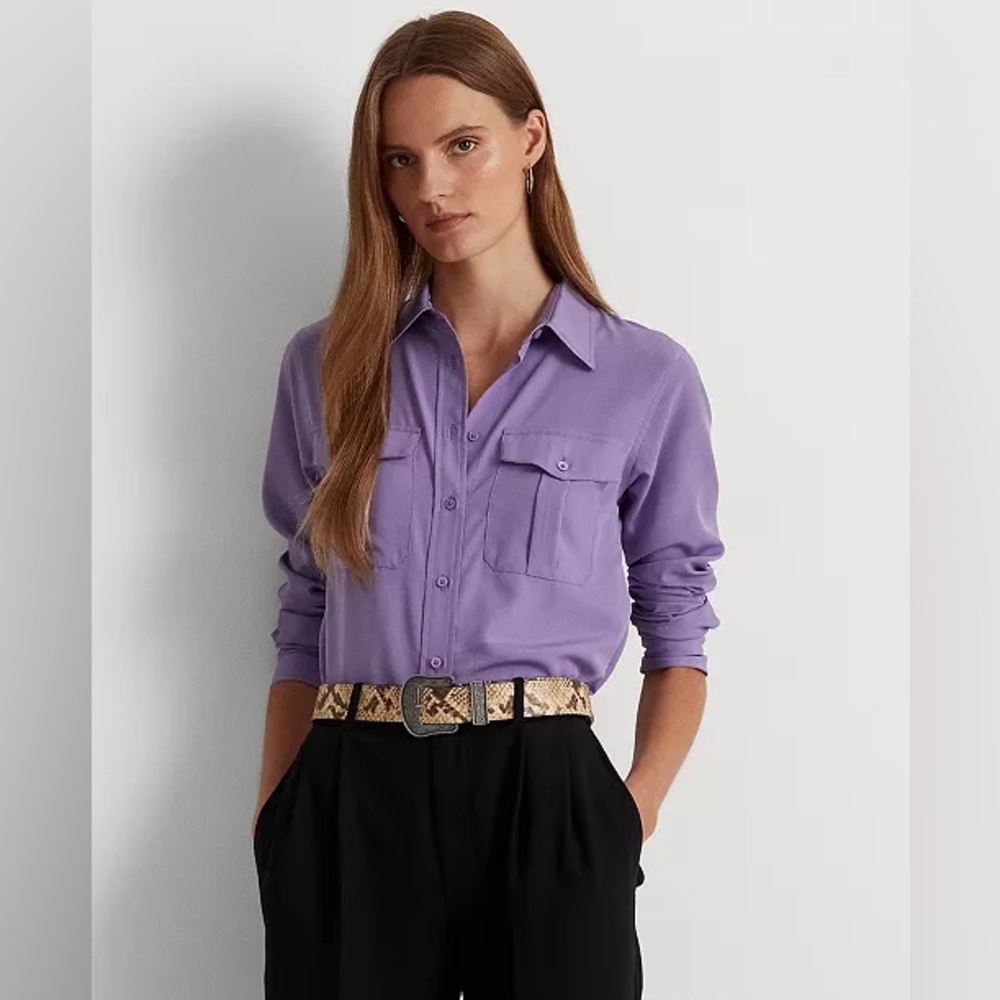 Ralph Lauren Silky Purple Long Sleeve Buttoned Top. Size Small